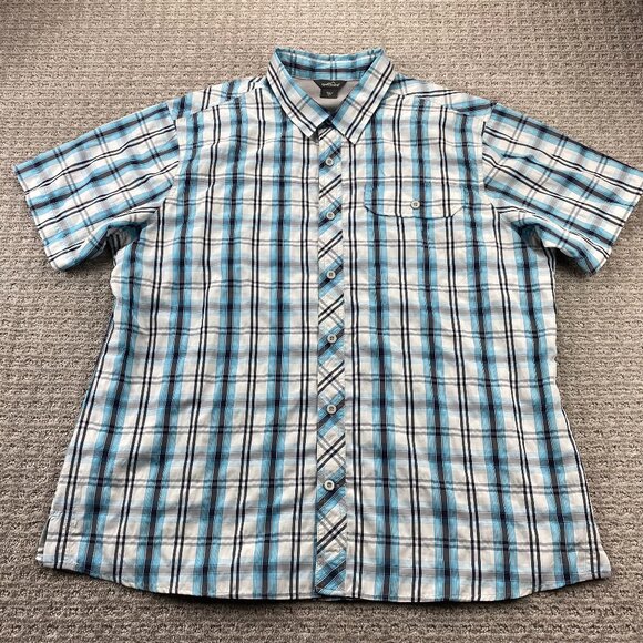 Eddie Bauer TRAVEX Shirt Men Extra Large XL Blue White Plaid Button Up Polo - Picture 1 of 9